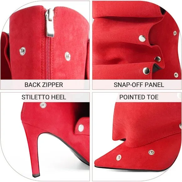 Women's Retro Red Detachable Snap Off Pointed Toe Shark Knee High Heels Boots - Picture 7 of 7